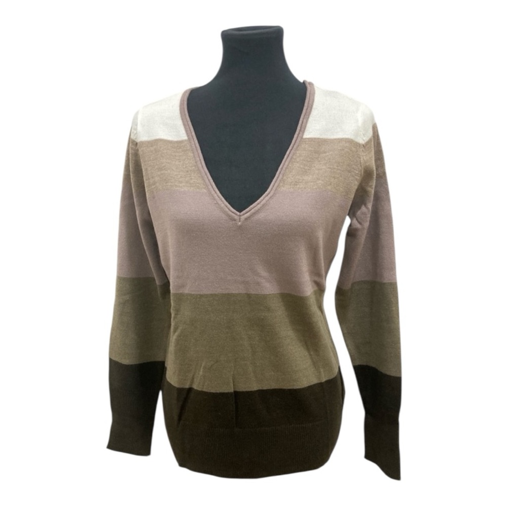 New York & Company V-Neck Sweater Brown and Cream
